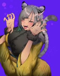 Rule 34 | 1girl, absurdres, animal ears, chinese zodiac, fangs, fingernails, floral print, fur trim, green hair, grey hair, hair ornament, hairclip, half-closed eyes, highres, kizukisai, light particles, long fingernails, long hair, mole, mole under eye, multicolored hair, open mouth, original, patterned, patterned clothing, purple background, sharp fingernails, solo, tail, textless version, tiger ears, tiger girl, tiger tail, tongue, tongue out, two-tone hair, very long fingernails, wide sleeves, year of the tiger