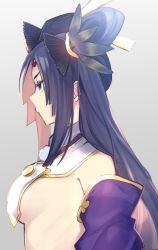 Rule 34 | 1girl, bad id, bad twitter id, black eyes, black hair, breasts, closed mouth, detached sleeves, facial mark, fate/grand order, fate (series), forehead mark, from side, frown, grey background, hair ornament, hairpin, highres, long hair, medium breasts, nude, pom pom (clothes), profile, revealing clothes, simple background, solo, ushiwakamaru (fate), vanilla (miotanntann)