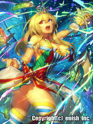 Rule 34 | 1girl, ass, bare shoulders, blue eyes, breasts, bug, butterfly, chain, character request, cleavage, clothes lift, dragon tactics, dress, dress lift, heterochromia, insect, large breasts, long hair, looking at viewer, melon22, multicolored clothes, multicolored dress, official art, open mouth, original, red eyes, sidelocks, solo, striped clothes, striped thighhighs, thighhighs, tiara, wrist cuffs