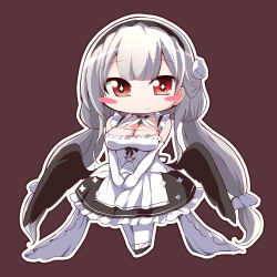 Rule 34 | 1girl, azur lane, black wings, blunt bangs, breasts, cleavage, cross-shaped pupils, dress, elbow gloves, feathered wings, flower, frills, geo (yukishitadou), gloves, grey hair, hair flower, hair ornament, highres, large breasts, low twintails, maid, maid headdress, outline, red eyes, scylla (azur lane), simple background, smile, solo, symbol-shaped pupils, twintails, white dress, white gloves, white outline, wings