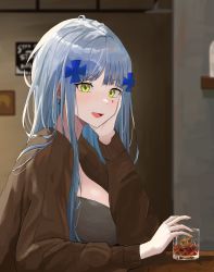 Rule 34 | 1girl, absurdres, alcohol, blue hair, blush, brown jacket, cup, earrings, from side, girls&#039; frontline, green eyes, grey shirt, hair ornament, hairclip, hand on own cheek, hand on own face, hanser, highres, hk416 (girls&#039; frontline), holding, holding cup, jacket, jewelry, long hair, looking at viewer, open mouth, parted lips, shirt, sitting, smile, solo, table, teardrop facial mark, teardrop tattoo, upper body
