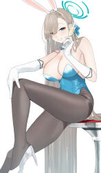 Rule 34 | 1girl, absurdly long hair, alcohol, animal ears, asuna (blue archive), asuna (bunny) (blue archive), bare shoulders, bekotarou, black pantyhose, blue archive, blue bow, blue bowtie, blue eyes, blue leotard, blush, bow, bowtie, breasts, champagne, champagne flute, cleavage, collar, cup, detached collar, drink, drinking glass, elbow gloves, eyebrows hidden by hair, fake animal ears, foot out of frame, from side, gloves, grin, hair over one eye, halo, hand on own knee, hand up, high heels, highleg, highleg leotard, highres, holding, holding cup, holding drink, knee up, large breasts, leotard, light brown hair, long hair, looking at viewer, mole, mole on breast, on stool, pantyhose, playboy bunny, rabbit ears, simple background, sitting, smile, solo, straight hair, strapless, strapless leotard, swept bangs, teeth, thighs, very long hair, white background, white collar, white footwear, white gloves