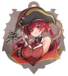 Rule 34 | antique firearm, bicorne, black coat, breasts, buttons, coat, embroidery, epaulettes, eyepatch, firearm, firelock, flintlock, gold trim, gun, hair ribbon, hat, highres, hololive, hololive fantasy, houshou marine, jacket, large breasts, long hair, namiki (remiter00), off shoulder, pirate, pirate costume, pirate hat, red eyes, red hair, red jacket, red ribbon, ribbon, sleeveless, twintails, virtual youtuber, weapon