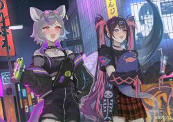Rule 34 | 2girls, animal ears, artist request, black hair, blush, bodysuit, breasts, building, can, character request, collar, fang, fingernails, glasses on head, gothic lolita, grey hair, indie virtual youtuber, jacket, lolita fashion, medium breasts, meikai loveka, multicolored hair, multiple girls, night, open mouth, pink hair, red eyes, see-through, see-through bodysuit, sharp fingernails, skirt, smile, spiked collar, spikes, straw, torn clothes, two-tone hair