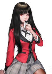 Rule 34 | 1girl, absurdres, black hair, blazer, blunt bangs, card, commentary, cosplay, highres, hime cut, holding, holding card, jabami yumeko, jacket, jungon kim, kakegurui, lips, long hair, long sleeves, looking at viewer, multicolored clothes, pantyhose, parted lips, pink lips, red jacket, school uniform, shirt, solo, white background, white shirt