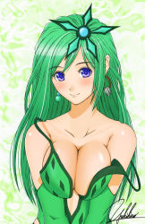 Rule 34 | 1990s (style), 1girl, bare shoulders, blue eyes, breasts squeezed together, breasts, cleavage, earrings, final fantasy, final fantasy iv, green hair, hair ornament, jewelry, large breasts, long hair, aged up, rydia (ff4), signature, smile, solo, strap slip, yukihiro
