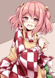 Rule 34 | 1girl, apron, bad id, bad twitter id, bell, blush, checkered clothes, checkered shirt, clothes writing, collarbone, hair bell, hair ornament, japanese clothes, jingle bell, kimono, long sleeves, looking at viewer, maremay0513, motoori kosuzu, nose blush, open mouth, pink eyes, pink hair, red eyes, shirt, solo, tearing up, tears, touhou, two side up, wide sleeves, yellow apron