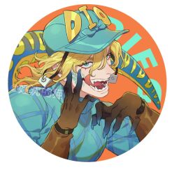 Rule 34 | 1boy, blonde hair, blue eyes, brown gloves, character name, diego brando, dinosaur tail, glasgow smile, gloves, hat, highres, honlo, jojo no kimyou na bouken, long sleeves, looking at viewer, male focus, portrait, scary monsters (stand), solo, stand (jojo), steel ball run, sweater, tail, teeth, tongue, tongue out