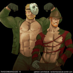 Rule 34 | 2boys, a nightmare on elm street, abs, bad id, bad link, bad tumblr id, bara, bare pectorals, beard, black background, black gloves, blonde hair, brown eyes, chest hair, claw (weapon), claws, clothes pull, cowboy shot, double biceps pose, facial hair, fedora, flexing, freddy krueger, friday the 13th, gloves, green eyes, green shirt, hand under clothes, hat, hockey mask, jason voorhees, large pectorals, looking at viewer, male focus, male pubic hair, mask, mask on head, mask over one eye, mature male, multiple boys, muscular, muscular male, mustache, navel, navel hair, nipple hair, nipples, open clothes, orange hair, pants, pants pull, pectorals, pubic hair, pubic hair peek, pulled by self, randombaradude, shirt, short hair, simple background, smile, solo, teeth, torn clothes, torn shirt, weapon