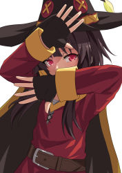 Rule 34 | 1girl, arms up, belt, belt buckle, black cape, black gloves, black hat, blunt bangs, breasts, brown belt, brown hair, buckle, cape, commentary, covering face, covering own mouth, dress, fingerless gloves, gloves, hat, kono subarashii sekai ni shukufuku wo!, long sleeves, looking at viewer, loose belt, megumin, open hands, red dress, red eyes, short hair, short hair with long locks, simple background, small breasts, solo, spread fingers, umarutsufuri, upper body, white background, witch hat