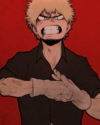 Rule 34 | 1boy, bakugou katsuki, black shirt, blonde hair, boku no hero academia, brown eyes, bruise, bruise on face, clenched teeth, commission, fist in hand, highres, injury, looking at viewer, male focus, red background, sanpaku, shirt, short sleeves, solo, sparrowl, teeth, upper body, wing collar