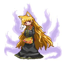 Rule 34 | 1girl, animal ears, black dress, blonde hair, bow, bowtie, chinese clothes, closed mouth, crescent, dress, energy, fox ears, hands up, junko (touhou), kumamoto (bbtonhk2), long hair, long sleeves, looking at viewer, lowres, no headwear, own hands together, pixel art, red eyes, red vest, simple background, smile, solo, tabard, touhou, transparent background, very long hair, vest, white background, yellow bow, yellow bowtie