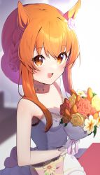 Rule 34 | 1girl, :d, absurdres, animal ears, bad id, bad pixiv id, blush, bouquet, braid, breasts, brown eyes, brown hair, commentary request, dress, flower, gloves, hair flower, hair ornament, highres, holding, holding bouquet, horse ears, horse girl, long hair, looking at viewer, mayano top gun (sunlight bouquet) (umamusume), mayano top gun (umamusume), open mouth, orange flower, pink flower, red flower, small breasts, smile, solo, strapless, strapless dress, takom, umamusume, upper body, white dress, white gloves