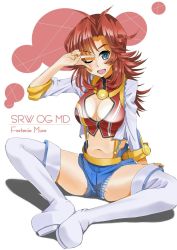 Rule 34 | 1girl, azarashing day, bad id, bad pixiv id, boots, breasts, cleavage, cleavage cutout, clothing cutout, fang, festenia muse, green eyes, large breasts, panties, panty peek, red hair, shorts, solo, striped clothes, striped panties, super robot wars, super robot wars judgement, super robot wars og moon dwellers, super robot wars original generation, thigh boots, thighhighs, underwear, upshorts, v