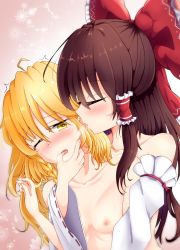 Rule 34 | 2girls, bare shoulders, blonde hair, blush, bow, braid, brown hair, commentary request, detached sleeves, kissing ear, closed eyes, finger in another&#039;s mouth, flat chest, hair bow, hair tubes, hakurei reimu, highres, kirisame marisa, large bow, long hair, messy hair, multiple girls, nipples, nude, one eye closed, open mouth, rankasei, side braid, single braid, sweat, tears, touhou, very long hair, yellow eyes, yuri