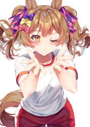 1girl absurdres alternate_costume animal_ears blowing_kiss blush breasts brown_eyes brown_hair closed_mouth commentary_request hair_ornament highres horse_ears horse_tail one_eye_closed ribbon short_twintails small_breasts smart_falcon_(umamusume) solo tail twintails umamusume umapyoi_densetsu white_background yoru_usagi