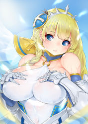Rule 34 | 1girl, armor, bad id, bad pixiv id, bare shoulders, blonde hair, blue eyes, blue valkyrie (p&amp;d), breast suppress, breasts, covered navel, earrings, huge breasts, jewelry, knight, lips, long hair, looking at viewer, o-ring, puzzle &amp; dragons, sakuru, see-through, solo, sweat, upper body, valkyrie, valkyrie (p&amp;d), water valkyrie (p&amp;d)
