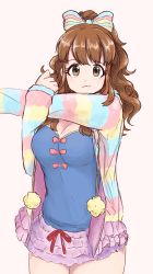 Rule 34 | 1girl, absurdres, blue shirt, bow, breasts, brown eyes, brown hair, cleavage, cowboy shot, frilled skirt, frills, hair bow, highres, idolmaster, idolmaster cinderella girls, jacket, long hair, long sleeves, looking at viewer, medium breasts, moroboshi kirari, multicolored bow, multicolored clothes, multicolored jacket, open clothes, open jacket, pink bow, pink skirt, shirt, simple background, skirt, smile, solo, striped bow, striped clothes, striped jacket, ushimochi, white background