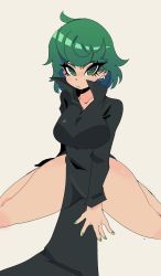 Rule 34 | 1girl, absurdres, black dress, breasts, dress, earrings, eyelashes, furrowed brow, green hair, green nails, hand on floor, highres, jewelry, jiansketch, large breasts, looking at viewer, nail polish, no pupils, one-punch man, short hair, sitting, spread legs, tatsumaki, thighs, wariza
