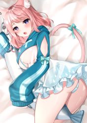Rule 34 | 1girl, animal ear fluff, animal ears, ass, bed sheet, between thighs, blue bow, blue eyes, blue hoodie, blue panties, blush, bow, breasts, cat ears, cat girl, cat tail, commentary request, dress, ear piercing, fang, frilled dress, frills, highres, hood, hood down, hoodie, katsushika pachi, large breasts, looking at viewer, lying, hugging object, on side, open mouth, original, panties, piercing, pink hair, see-through, side-tie panties, slit pupils, solo, tail, tail bow, tail ornament, underboob, underwear, x x