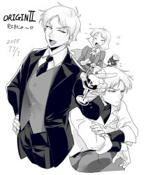 Rule 34 | &gt; &lt;, 1girl, 2boys, artesia som deikun, ascot, breast pocket, casval rem deikun, cat, char aznable, closed eyes, closed mouth, collared shirt, crossed arms, crying, cup, dated, drinking glass, flying sweatdrops, formal, greyscale, gundam, half-closed eye, halo, hand on own hip, highres, holding, holding cup, jacket, kade punch, long sleeves, looking at another, mobile suit gundam the origin, monochrome, multiple boys, necktie, open mouth, pocket, shirt, short hair, sideways glance, simple background, sleeves rolled up, smile, suit, vest, waistcoat, wine glass