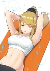 Rule 34 | 1girl, absurdres, armpits, blonde hair, breasts, covered erect nipples, green322, highres, large breasts, long hair, looking at viewer, mythra (xenoblade), nintendo, ponytail, simple background, solo, sports bra, white background, xenoblade chronicles (series), xenoblade chronicles 2, yellow eyes
