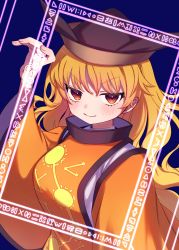 Rule 34 | 1girl, blonde hair, blue background, breasts, e sdss, fingernails, hand up, highres, large breasts, light smile, long hair, looking at viewer, matara okina, simple background, solo, tabard, touhou, upper body, v-shaped eyebrows, wide sleeves