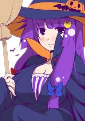 Rule 34 | 1girl, alternate headwear, bat (animal), blue bow, bow, breasts, broom, cleavage, cloak, crescent, crescent hair ornament, dress, eichi yuu, hair ornament, hair ribbon, hat, high collar, jack-o&#039;-lantern, patchouli knowledge, purple eyes, purple hair, red bow, ribbon, smile, solo, striped clothes, striped dress, touhou, upper body, witch hat