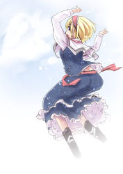 Rule 34 | 1girl, alice margatroid, blonde hair, blue eyes, capelet, from behind, hairband, jumping, mayuge inu, sash, solo, touhou