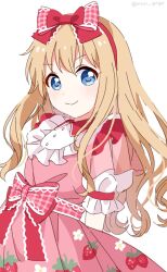 Rule 34 | 1girl, arms behind back, blonde hair, blue eyes, blush, bow, closed mouth, collar, collared dress, dress, floral print, food print, frills, hair bow, hairband, highres, long hair, looking at viewer, nnn yryr, pink bow, pink dress, puffy short sleeves, puffy sleeves, red bow, red collar, red hairband, short sleeves, simple background, smile, solo, standing, strawberry print, toshinou kyouko, twitter username, waist bow, wavy hair, white background, yuru yuri