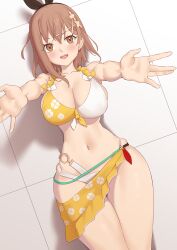 Rule 34 | 1girl, absurdres, atelier (series), atelier ryza, bare shoulders, bikini, black ribbon, blush, breasts, brown eyes, brown hair, cleavage, collarbone, commentary request, hair ribbon, highres, jilu, large breasts, looking at viewer, lying, navel, on back, open mouth, outstretched arms, reisalin stout, ribbon, short hair, smile, solo, swimsuit, thighs, yellow bikini