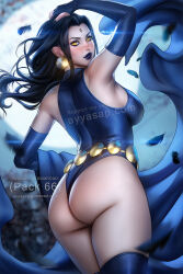 Rule 34 | 1girl, ass, ayya sap, black hair, blue leotard, blue lips, cloak, dc comics, earrings, feathers, hand in own hair, jewelry, leotard, looking at viewer, moon, night, night sky, raven (dc), sky, solo, thighhighs, thighs, thong leotard, yellow eyes