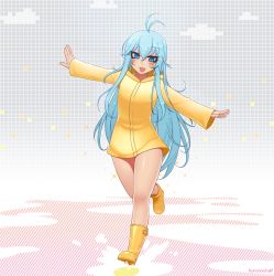 Rule 34 | 1girl, :d, antenna hair, artist name, blue eyes, blue hair, blush, boots, commentary, denpa onna to seishun otoko, eyes visible through hair, kuroonehalf, long hair, looking at viewer, open mouth, outstretched arms, raincoat, rubber boots, running, smile, solo, spread arms, touwa erio, very long hair
