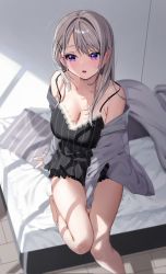 Rule 34 | 1girl, :o, barefoot, bed, between legs, blue eyes, blush, breasts, chigusa minori, cleavage, collarbone, corrupted twitter file, grey hair, grey jacket, hand between legs, highres, jacket, large breasts, long hair, long sleeves, off shoulder, open clothes, open jacket, parted lips, saotome shino (shino to ren), shino to ren, sitting, thighs