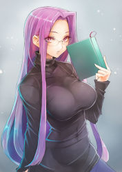 Rule 34 | 1girl, book, breasts, covered navel, fate/stay night, fate (series), glasses, highres, impossible clothes, large breasts, long hair, long sleeves, looking at viewer, medusa (fate), medusa (rider) (fate), official alternate costume, purple eyes, purple hair, rimless eyewear, shirt, sketch, solo, taishi (picchiridou), taut clothes, taut shirt, very long hair