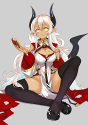 Rule 34 | 1girl, :t, black thighhighs, breasts, cleavage, cleavage cutout, clothing cutout, dark-skinned female, dark skin, detached sleeves, doughnut, female focus, food, gradient hair, green eyes, highres, horns, large breasts, long hair, multicolored hair, no panties, original, pelvic curtain, pixiv fantasia, pixiv fantasia t, pointy ears, realmbw, silver hair, sitting, solo, thighhighs, two-tone hair, very long hair, zorn dio