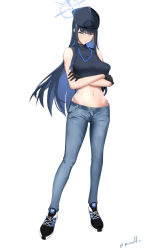 Rule 34 | 1girl, backwards hat, bare arms, bare shoulders, baseball cap, black footwear, black gloves, black shirt, blue archive, blue hair, blue pants, breasts, commentary, crop top, crossed arms, denim, full body, gloves, grey eyes, hat, highres, jeans, large breasts, long hair, looking at viewer, midriff, navel, pants, porroll, saori (blue archive), shirt, shoes, simple background, sleeveless, sleeveless shirt, sneakers, solo, standing, stomach, very long hair, white background