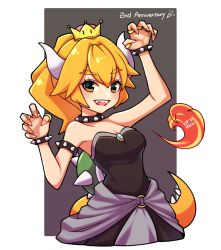 Rule 34 | 1girl, :d, anniversary, armlet, artist name, bare shoulders, black dress, blonde hair, blush, border, bowsette, bracelet, breasts, brooch, claw pose, cleavage, collar, commentary, cropped legs, crown, dated, dress, english commentary, english text, fangs, fingernails, fire, forked eyebrows, grey background, hands up, horns, jewelry, long hair, looking at viewer, mario (series), medium breasts, multiple rings, new super mario bros. u deluxe, nintendo, o-ring, open mouth, outside border, party popper, ponytail, ring, sharp fingernails, signature, smile, solo, spiked armlet, spiked bracelet, spiked collar, spiked shell, spiked tail, spikes, strapless, strapless dress, super crown, symbol-only commentary, tail, turtle shell, umenodo, white border