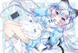 Rule 34 | 1girl, angel day, animal ears, apron, bell, blue bow, blue eyes, blush, bow, cat ears, cat girl, cat hair ornament, cat tail, grey hair, hair ornament, hairclip, heart, highres, jersey maid, low twintails, maid, multicolored hair, nintendo switch, original, pink hair, plaid, plaid bow, solo, streaked hair, tail, tail bell, tail bow, tail ornament, twintails, unconventional maid, white apron, white leg warmers, white wings, wings, yukine, zipper