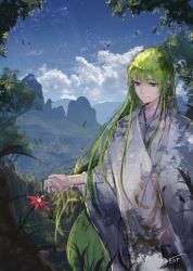 Rule 34 | 1boy, androgynous, blue sky, cloud, commentary request, day, enkidu (fate), fate/grand order, fate/strange fake, fate (series), flower, green hair, highres, long hair, long sleeves, male focus, outdoors, purple eyes, rean (r ean), red flower, robe, signature, sky, smile, solo, tree, very long hair, wide sleeves