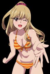 Rule 34 | 10s, 1girl, ;d, aiba asagi, bikini, breasts, brown eyes, cleavage, collarbone, cowboy shot, floating hair, hair ornament, hair scrunchie, high ponytail, light brown hair, long hair, looking at viewer, medium breasts, navel, one eye closed, open mouth, orange bikini, scrunchie, shiny skin, smile, solo, standing, strike the blood, striped bikini, striped clothes, swimsuit, transparent background