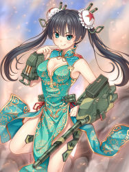 Rule 34 | 1girl, :p, black hair, breasts, bun cover, cannon, china dress, chinese clothes, cleavage, cleavage cutout, clothing cutout, double bun, dress, green eyes, gun, hair bun, military, military vehicle, motor vehicle, official art, original, people&#039;s liberation army, personification, smile, solo, taiyou, tank, tongue, tongue out, twintails, type 99 tank, type 99 tank (weapon girls), vehicle, weapon, weapon girls