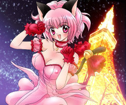 Rule 34 | 00s, 1girl, animal ears, arm garter, bell, bow, breasts, cat ears, cat tail, choker, covered erect nipples, fang, female focus, gloves, jingle bell, large breasts, leotard, lowres, magical girl, mew ichigo, momomiya ichigo, nipples, open mouth, paw pose, pink eyes, pink hair, red gloves, short hair, solo, tail, tail bell, tail bow, tail ornament, tokyo mew mew