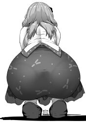 Rule 34 | 1girl, akure ekuto, ass, ass focus, bare shoulders, frills, frog, from behind, greyscale, hair ornament, highres, huge ass, kochiya sanae, long hair, looking at another, monochrome, panties visible through clothes, pantylines, see-through, see-through skirt, shadow, shoes, simple background, skirt, socks, touhou