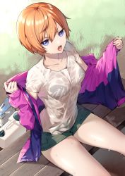 Rule 34 | 1girl, bare legs, bench, black bra, blue eyes, bra, breasts, collarbone, commentary, day, grass, green shorts, hair between eyes, highres, itohana, jacket, looking at viewer, medium breasts, off shoulder, open clothes, open jacket, open mouth, orange hair, original, outdoors, purple jacket, see-through, shirt, short hair, short shorts, shorts, solo, t-shirt, teeth, textless version, thighs, underwear, unzipped, wet, wet clothes, wet shirt, white shirt