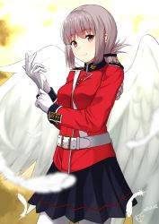 Rule 34 | 1girl, 2017, adjusting clothes, adjusting gloves, black skirt, braid, cowboy shot, dated, fate/grand order, fate (series), feathers, florence nightingale (fate), gloves, long hair, military, military uniform, miniskirt, mugipot, pantyhose, pleated skirt, red eyes, signature, silver hair, skirt, solo, standing, uniform, white feathers, white gloves