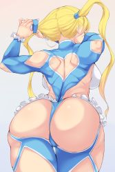 Rule 34 | 1girl, ass, back, backboob, black mutou, blue leotard, breasts, clothing cutout, from behind, gradient background, grey background, heart cutout, highres, large breasts, leotard, long hair, rainbow mika, solo, standing, street fighter, street fighter v, thigh gap, thong leotard, twintails, tying hair, wedgie