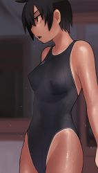 Rule 34 | 1girl, bare shoulders, black eyes, black hair, breasts, competition swimsuit, covered erect nipples, lvi, one-piece swimsuit, one-piece tan, open mouth, original, short hair, solo, standing, swimsuit, tan, tanline