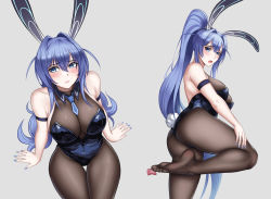 Rule 34 | 1girl, absurdres, animal ears, arm strap, armlet, azur lane, bare shoulders, black leotard, black pantyhose, blue eyes, blue hair, blue nails, blue neckwear, blush, bodystocking, breasts, cleavage, crossed bangs, detached collar, fake animal ears, high ponytail, highres, leotard, licking, licking foot, long hair, looking to the side, nail polish, necktie, new jersey (azur lane), new jersey (exhilarating steps!) (azur lane), no shoes, official alternate costume, open mouth, pantyhose, playboy bunny, rabbit ears, rabbit tail, see-through, see-through cleavage, short necktie, sitting, soles, tail, thigh gap, tongue, very long hair, xiao gen