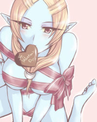 Rule 34 | 1girl, barefoot, blue skin, breasts, chocolate, colored skin, elf, front ponytail, gift, microspace, midna, midna (true), mouth hold, naked ribbon, nintendo, orange hair, pointy ears, ribbon, solo, spoilers, the legend of zelda, the legend of zelda: twilight princess, valentine